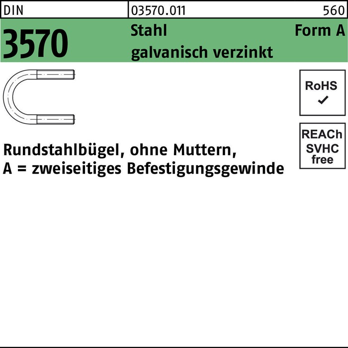 Rundstahlbügel DIN 3570 o.Mutter A 30/NW 20 Stahl galv.verz. 100Stück