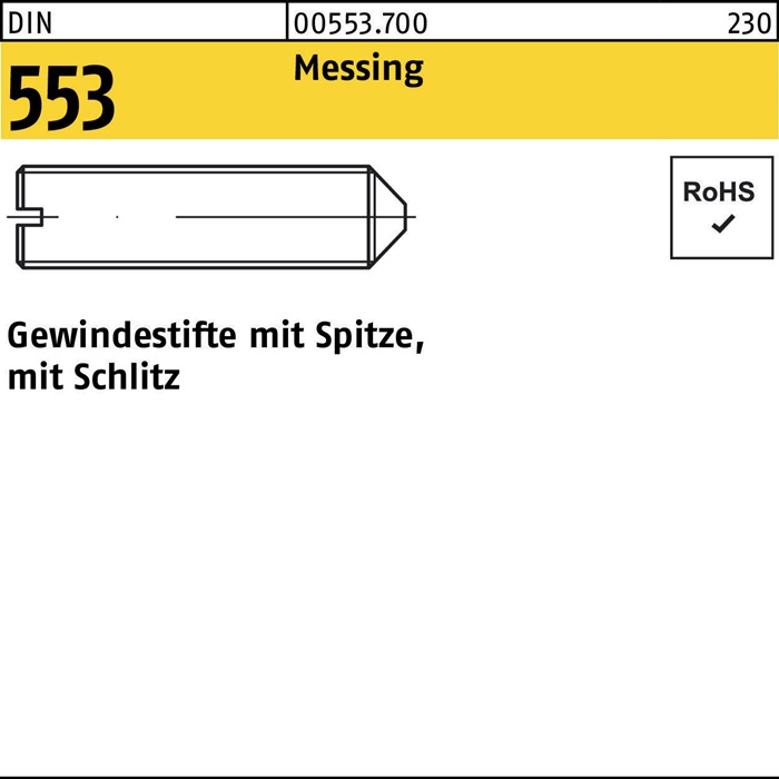 Gewindestift DIN 553 m.Schlitz/Spitze M3x 5 Messing 100 Stück