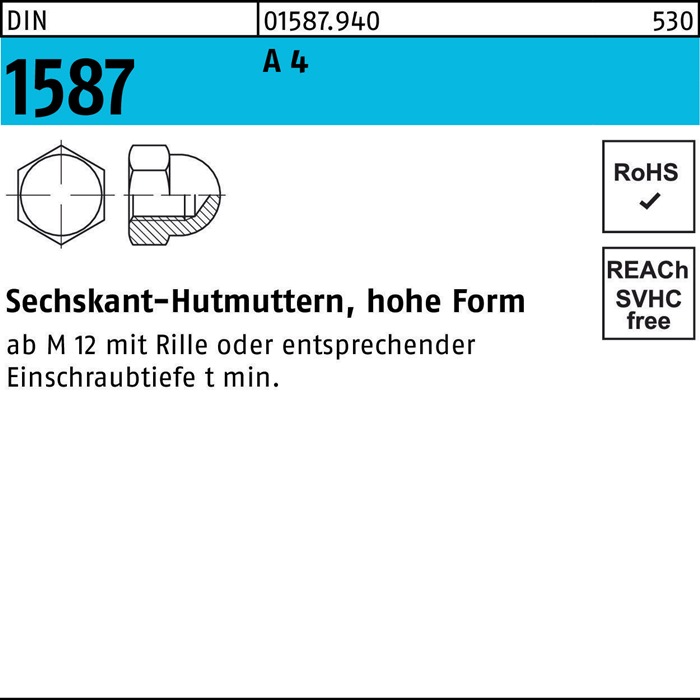 Sechskanthutmutter DIN 1587 M12 SW 19 A 4 200 Stück