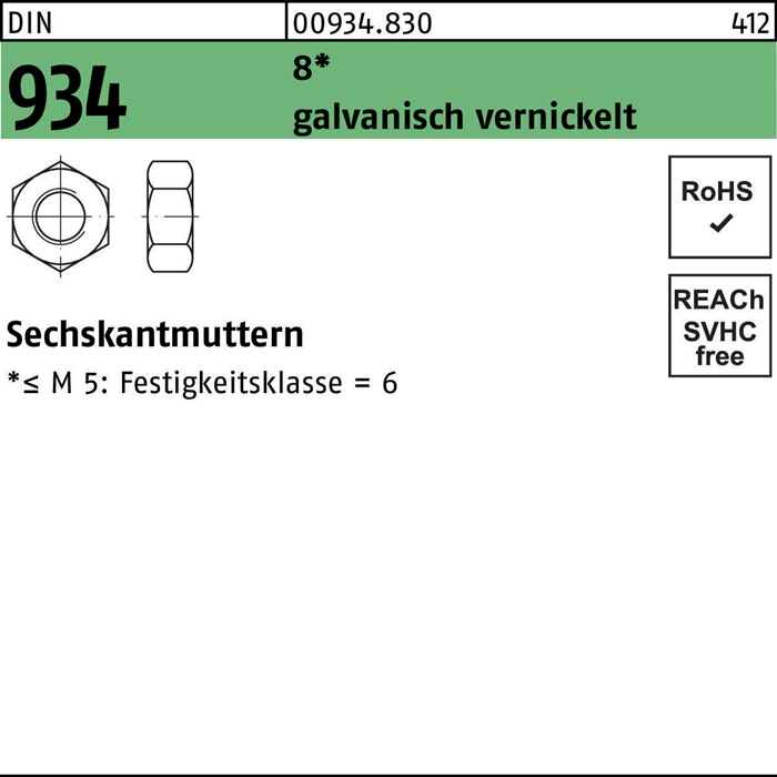 Sechskantmutter DIN 934 M10 8 galv. vernickelt 500 Stück