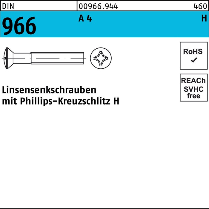 Linsensenkschraube DIN 966 Kreuzschlitz PH M3x 12-H A 4 1000 Stück