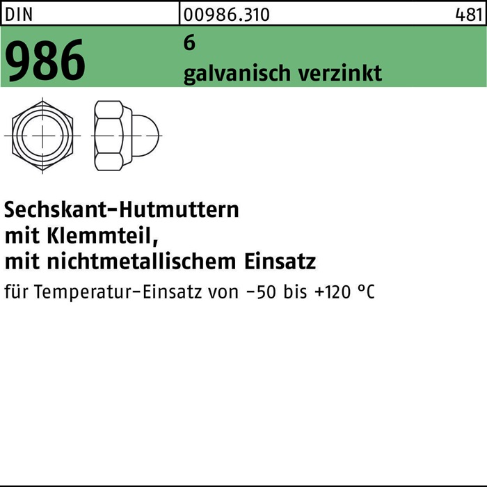 Sechskanthutmutter DIN 986 Klemmteil M5 6 galv.verz. 100 Stück