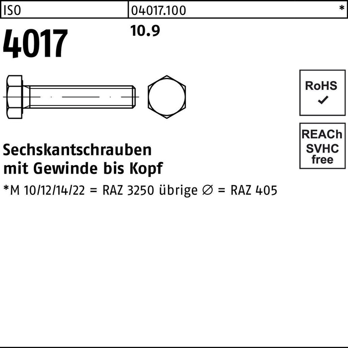 Sechskantschraube ISO 4017 VG M 27 x 140 10.9 10 Stück