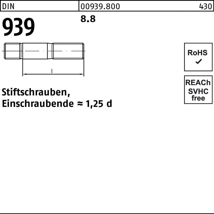 Stiftschraube DIN 939 M16x 60 8.8 Einschraubende=1,25d 10 Stück