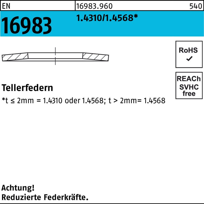 Tellerfeder EN 16983 12,5x 6,2x0,7 1.4310/1.4568 200 Stück