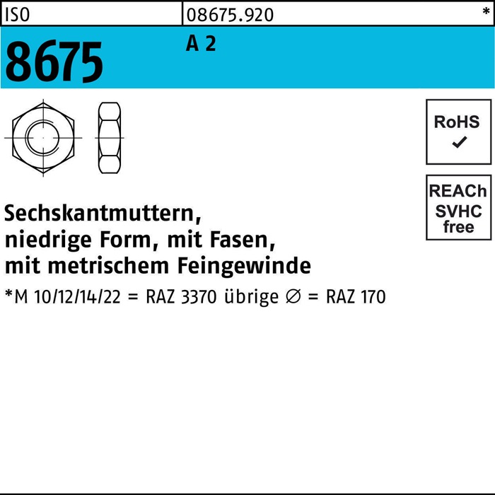 Sechskantmutter ISO 8675 Fasen M12x 1,25 A 2 50 Stück