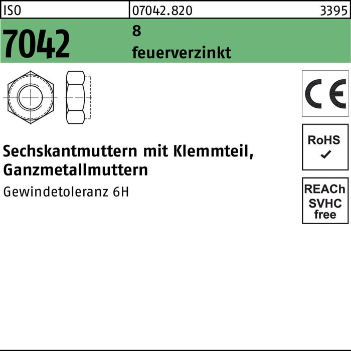 Sechskantmutter ISO 7042 Klemmteil M10 8 feuerverz. 100 Stück
