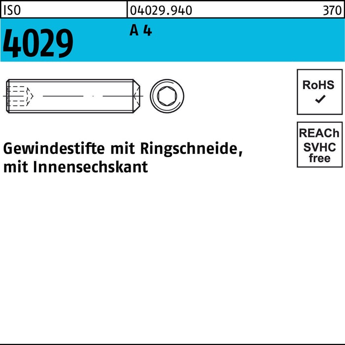 Gewindestift ISO 4029 Ringschneide/Innen-6kt M10x 16 A 4 100 Stück