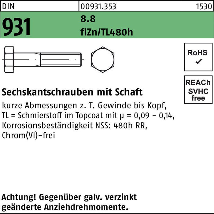 Sechskantschraube DIN 931 Schaft M16x90 8.8 flZnnc 480h-L 25St.