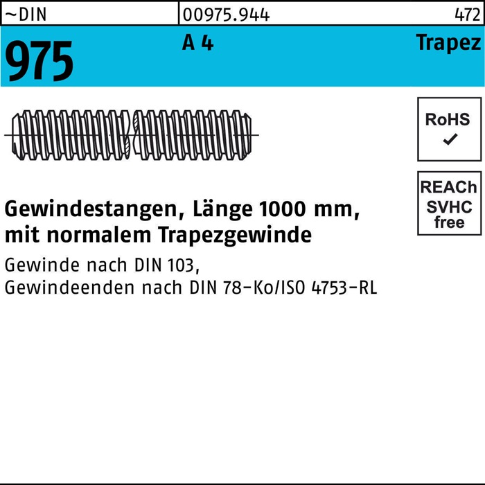 Gewindestange DIN 975 Trapezgewinde TR 30x 6x 1000mm A 4 1 Stück
