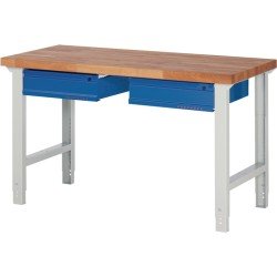 Werkbank Ser.BK 650 B1500xT700xH790-1140mm Buche massiv grau/blau 2 Schubl.TW