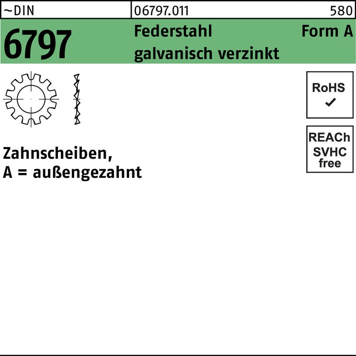 Zahnscheibe DIN 6797 FormA außengezahnt A 4,3 Federstahl galv.verz. 5000St.