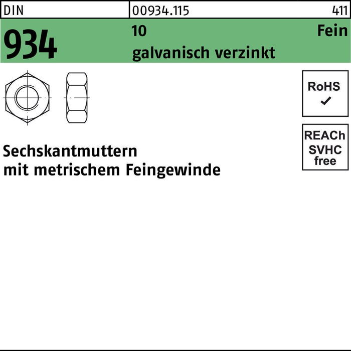 Sechskantmutter DIN 934 M20x 2 10 galv.verz. 25 Stück