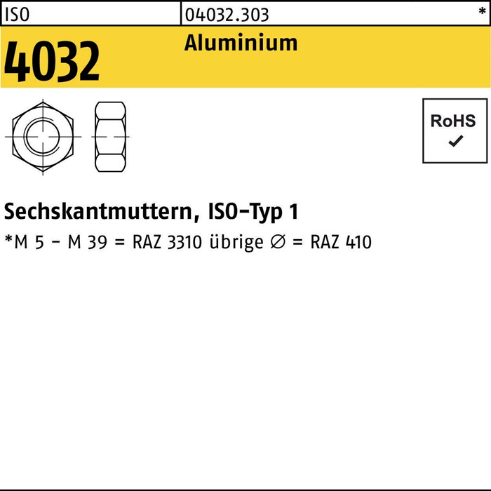Sechskantmutter ISO 4032 M8 Aluminium 100 Stück