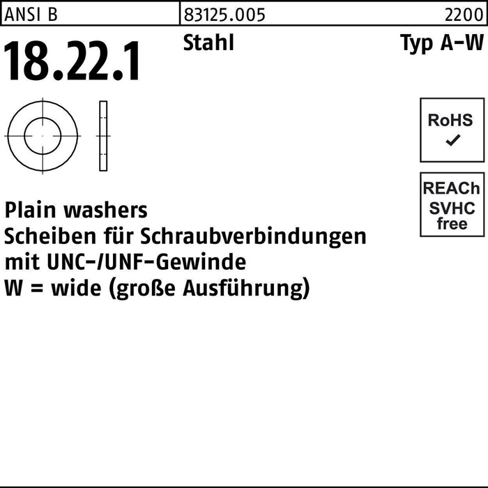 Unterlegscheibe ANSI B18.22.1 Typ W 3/4x 2,000 Stahl 100 Stück