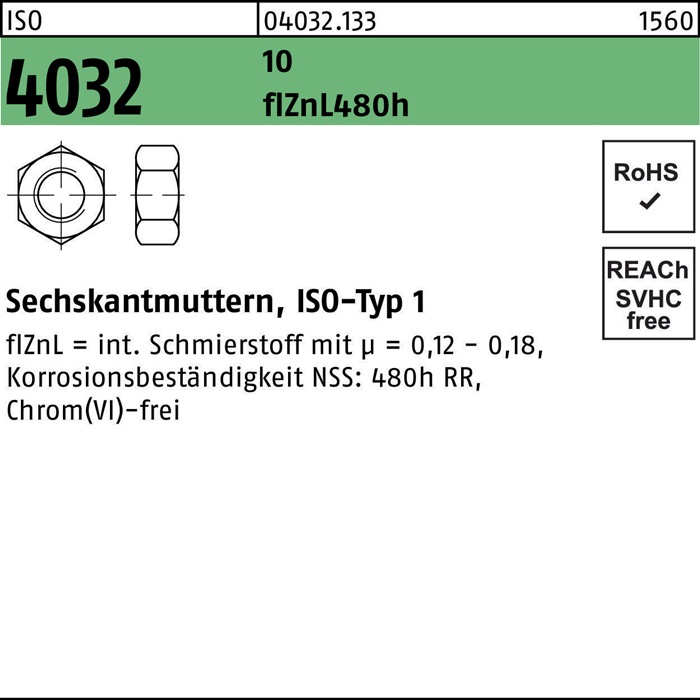 Sechskantmutter ISO 4032 M18 13 zinklamellenb. 100 Stück