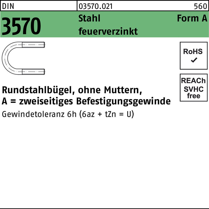 Rundstahlbügel DIN 3570 o.Mutter A 94/NW 80 Stahl feuerverz. 50 Stück