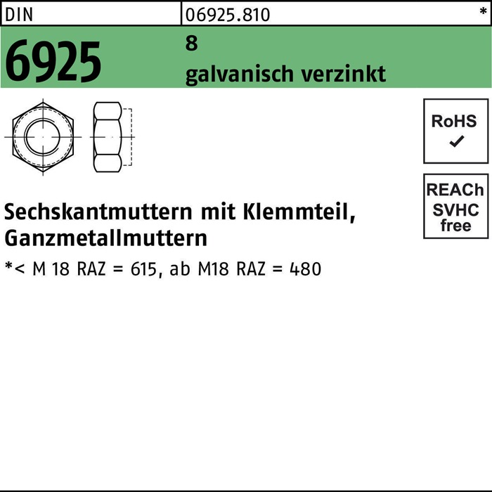 Sechskantmutter DIN 6925 Klemmteil M14 8 galv.verz. 100 Stück