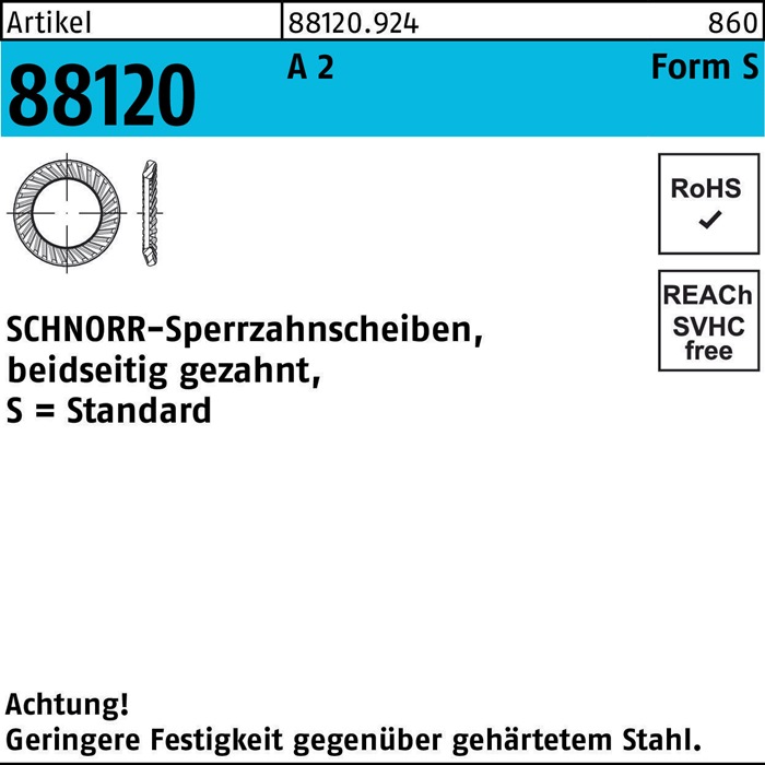 Sperrzahnscheibe R 88120 beids.gez. S 3x5,5x0,45 A 2 2000 Stück SCHNORR