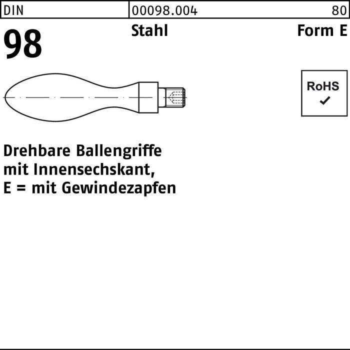Ballengriff DIN 98 Gewindezapfen E 20 M8 Stahl 10 Stück