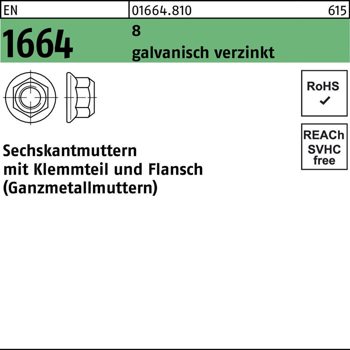 Sechskantmutter EN 1664 Klemmteil/Flansch M5 8 galv.verz. 100 Stück