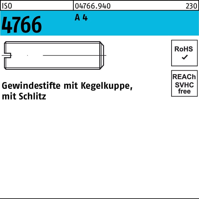 Gewindestift ISO 4766 Kegelkuppe/Schlitz M3x 8 A 4 50 Stück