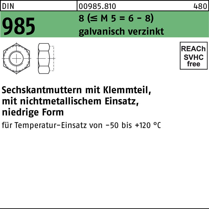 Sechskantmutter DIN 985 Klemmteil M24 8 (=M 5 = 6/8 ) galv.verz. 25St.