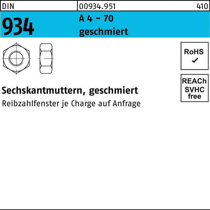 Sechskantmutter DIN 934 M10 A 4 - 70 geschmiert 250 Stück