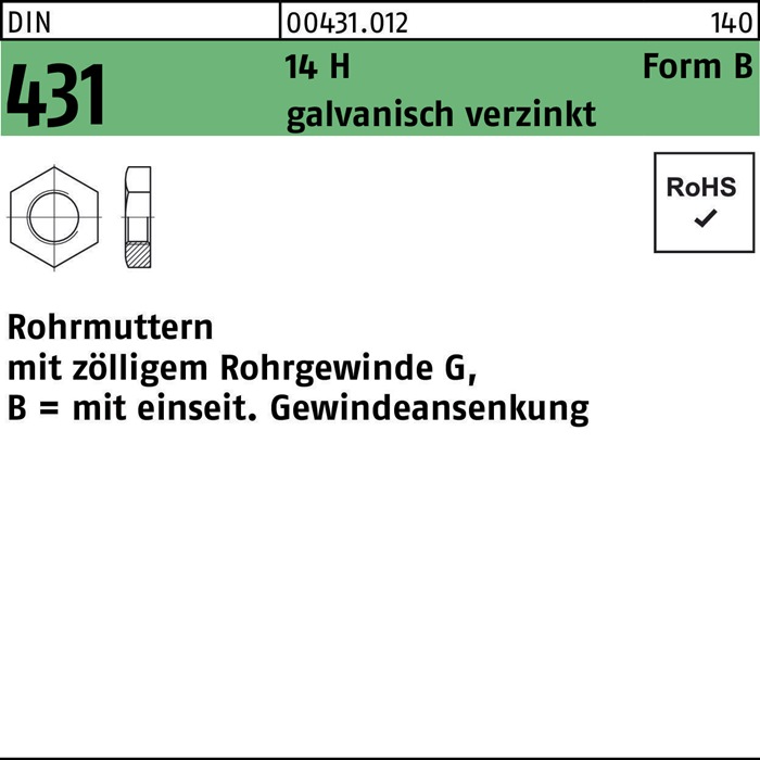 Rohrmutter DIN 431 BG 2 14 H galvanisch verzinkt 5 Stück