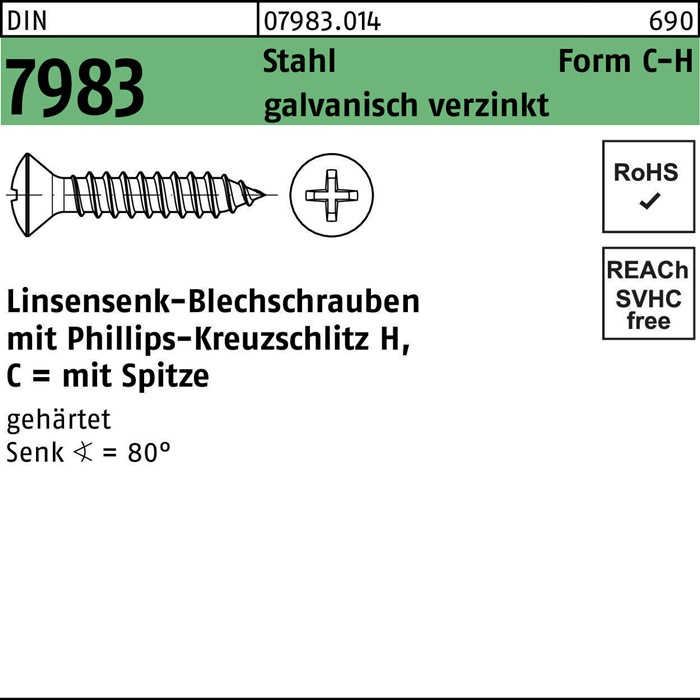 Linsensenkblechschraube DIN 7983 PH C 3,5x38-H Stahl gehärtet galv.verz. 100St.