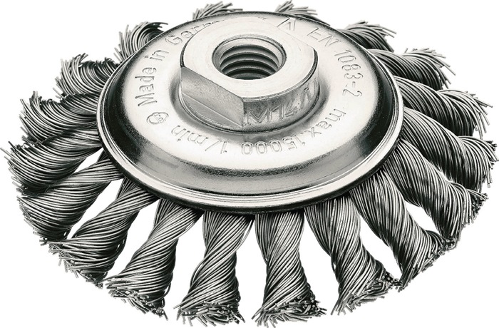 Zopfkegelbürste D.115mm Gew.Drahtstärke 0,5mm STA 12mm 15000min-¹ LESSMANN