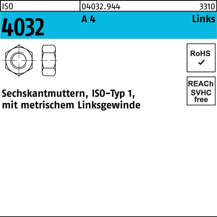 Sechskantmutter ISO 4032 links M20 A 4 - 70 10 Stück