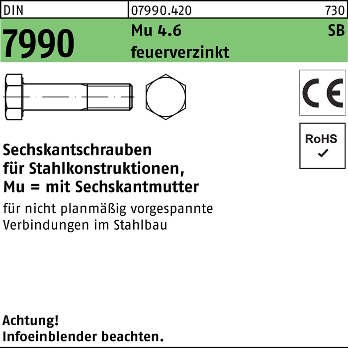 Sechskantschraube DIN 7990 CE Sechskantmutter M20x80 4.6 feuerverz. 25St.