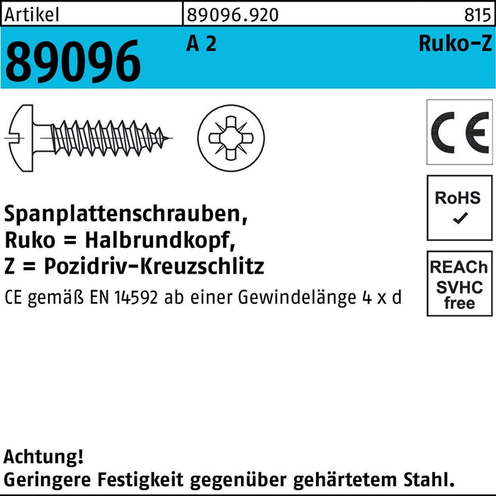 Spanplattenschraube R 89096 HAKO PZ 4x 20-Z A 2 1000 Stück