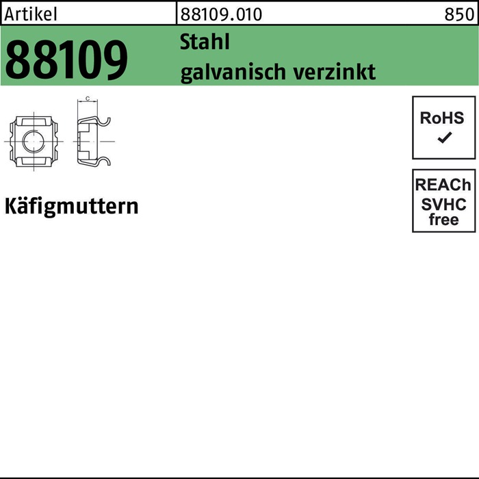 Käfigmutter R 88109 M6 - 8/9,5 Stahl galv.verz. 1000 Stück