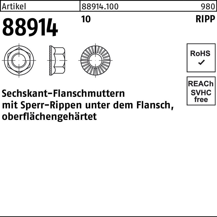 Sechskantflanschmutter R 88914 Sperr-Ripp M8 10 200 Stück