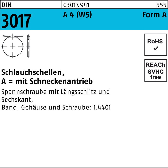 Schlauchschelle DIN 3017 W5 Schneckenantrieb 150-170/12 C7 A 4 f.Innen-D. 10St.