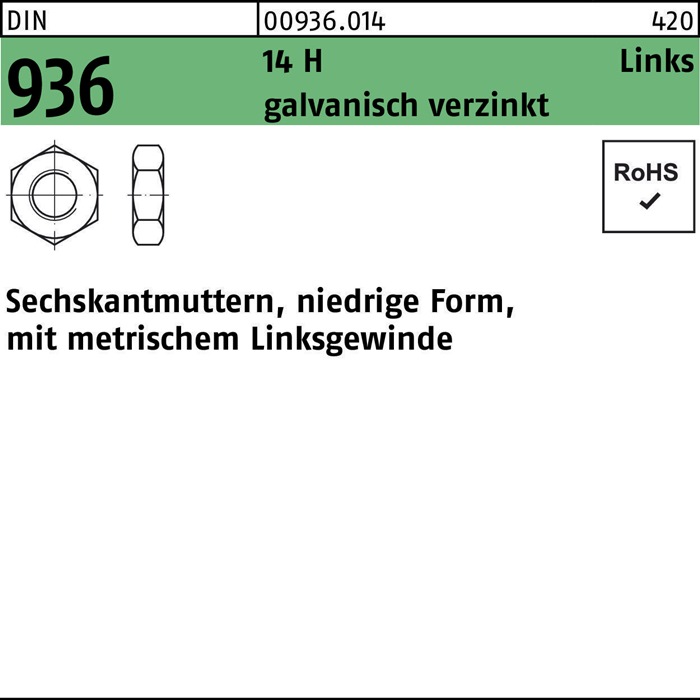 Sechskantmutter DIN 936 links M24 -LH 14 H galv.verz. 25 Stück
