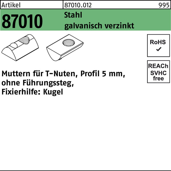 T-Nutenmutter R 87010 o.Führungssteg 5mm M5 Stahl galv.verz. 1000Stück