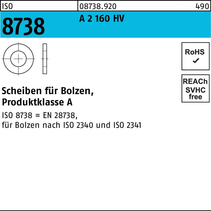 Unterlegscheibe ISO 8738 f.Bolzen 14 A 2 160 HV 25 Stück