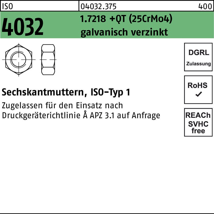 Sechskantmutter ISO 4032 M16 1.7218 +QT (25CrMo4) galv.verz. 100 Stück