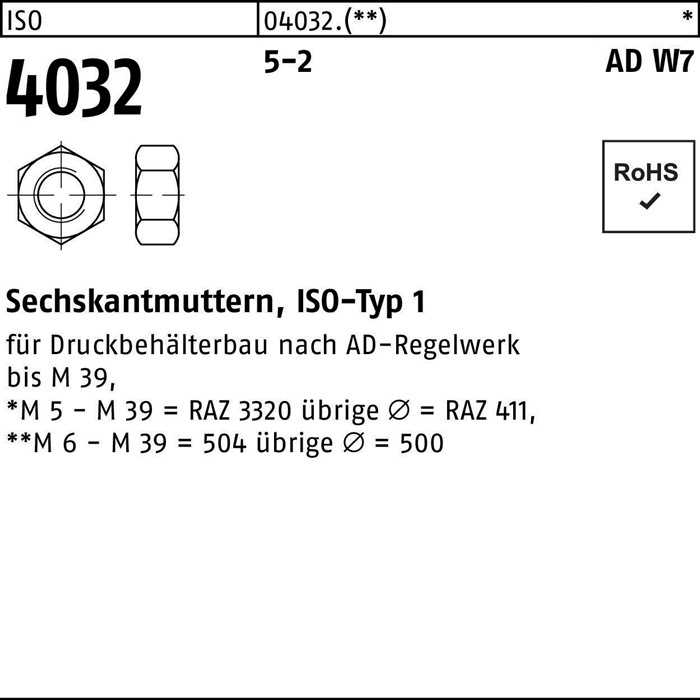 Sechskantmutter ISO 4032 M20 5-2 AD W7 50 Stück