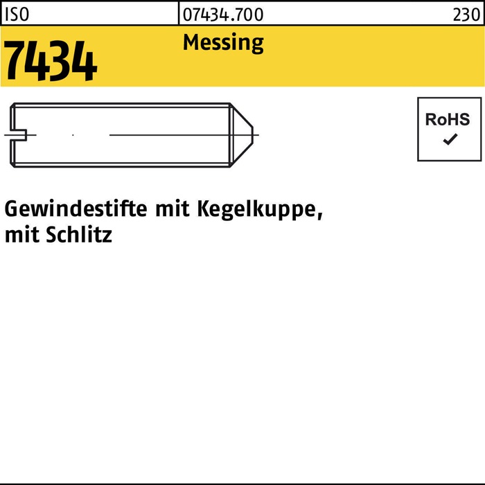 Gewindestift ISO 7434 Kegelkuppe/Schlitz M5x 16 Messing 100 Stück
