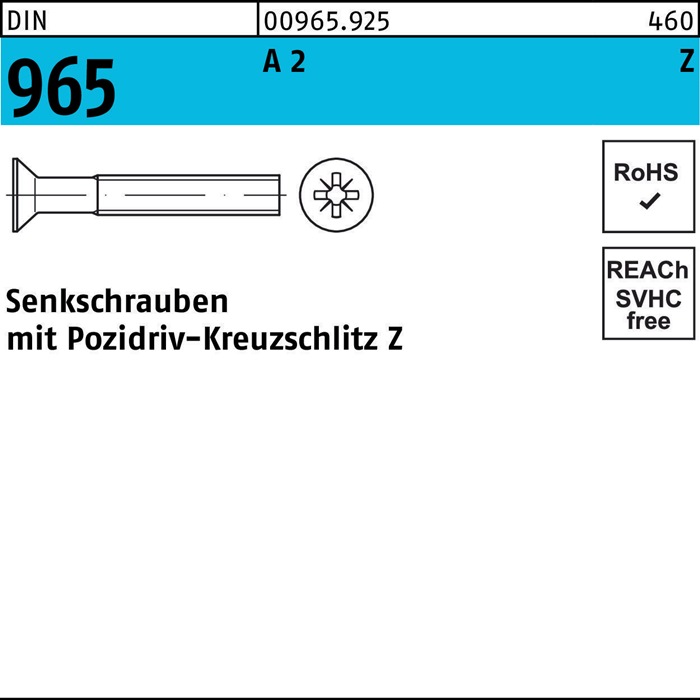 Senkschraube DIN 965 PZ M3x 4-Z A 2 1000 Stück