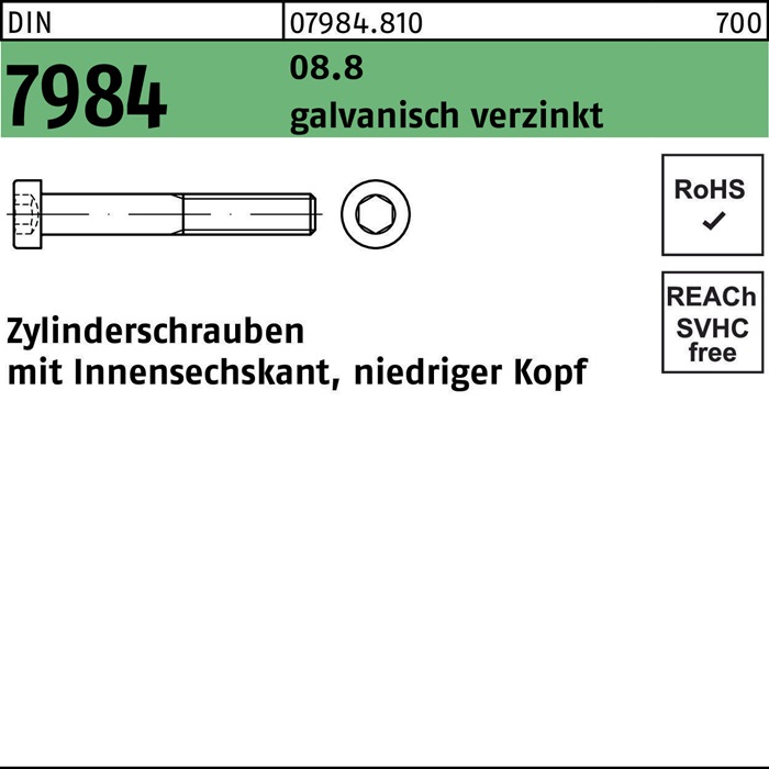 Zylinderschraube DIN 7984 Innen-6kt M5x45 8.8 galv.verz. 200St.