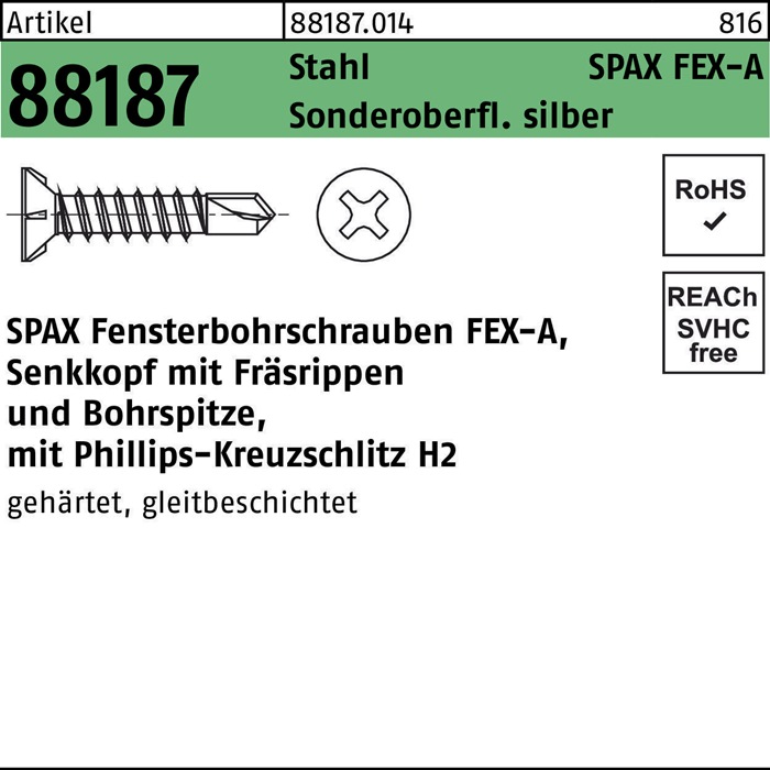 Fensterbohrschraube R 88187 Seko PH 3,9x38-H Sta silber 1000St. SPAX