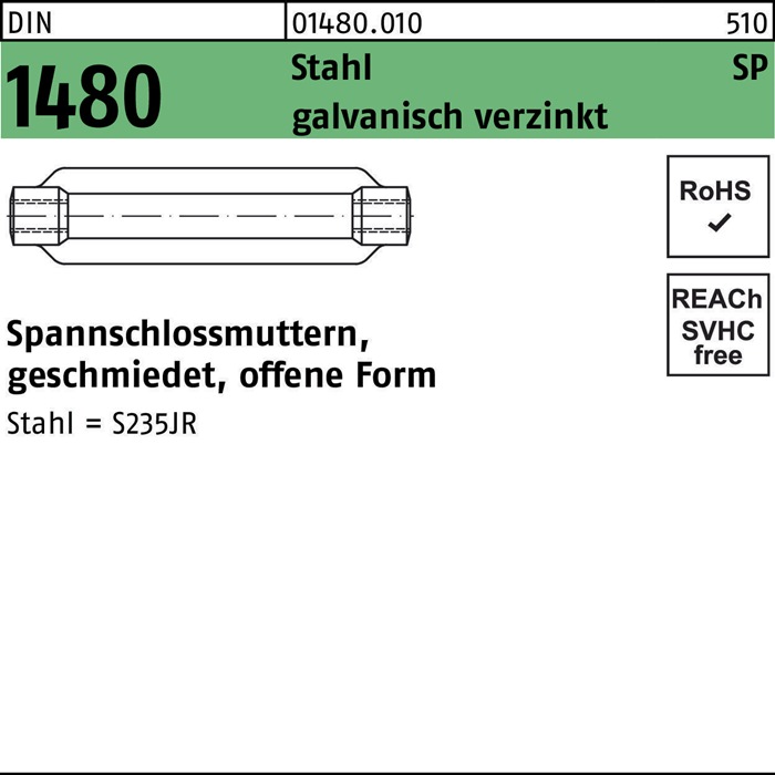 Spannschlossmutter DIN 1480 offen SP M16/170 Stahl galv.verz. 1St.