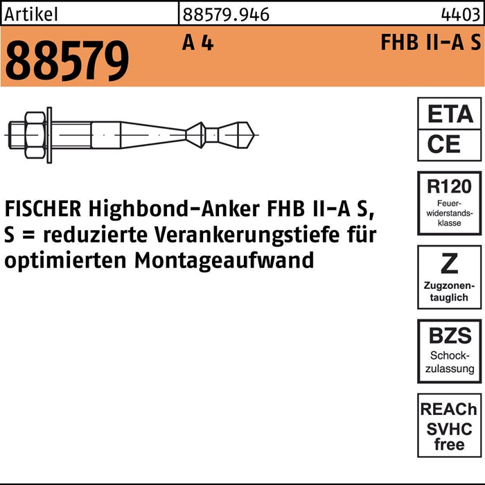 Highbond-Anker R 88579 M12x 75/10 A 4 10 Stück FISCHER