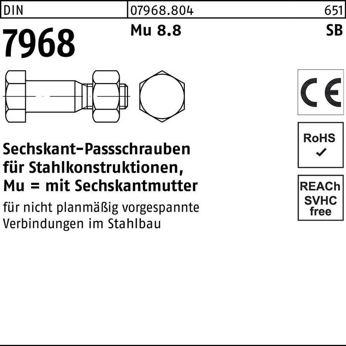 Sechskantpassschraube DIN 7968 Mutter M20x 90 8.8 1 Stück