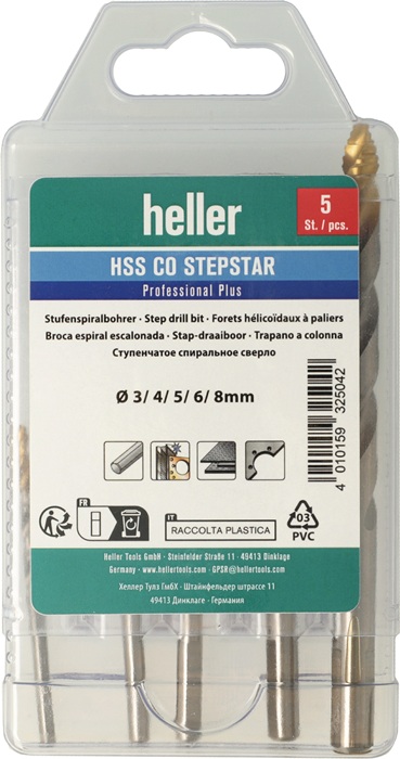 Metallbohrer-Set DIN 338 Stepstar D.3-8 HSS-Co TiN 5-tlg.Multibox HELLER